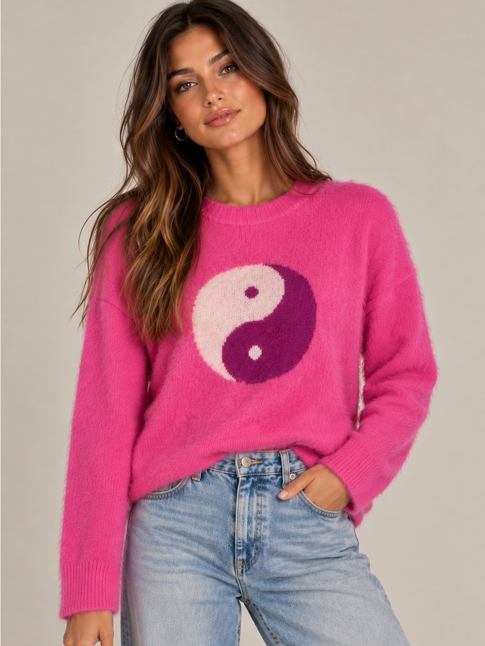MISS SPARKLING • NWT yin yang hot pink fuzzy knit sweater size medium